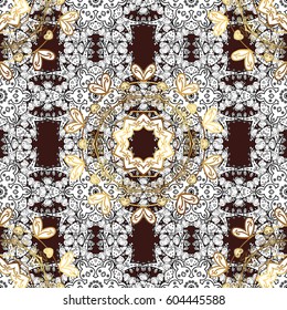 Oriental vector classic brown and golden pattern with white doodles. Seamless abstract background.
