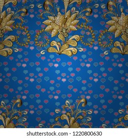 Oriental vector classic brown, yellow and blue and golden pattern. Seamless abstract background. Vector illustration.