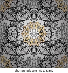 Oriental vector classic and golden pattern with white doodles. Seamless abstract background.