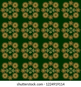 Oriental vector classic pattern. Seamless abstract pattern with golden repeating elements on green backdrop. Green and golden pattern.