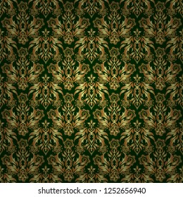 Oriental vector classic pattern. Seamless abstract pattern with golden repeating elements on green backdrop. Green and golden pattern.