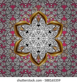 Oriental vector classic pink and golden pattern with white doodles. Seamless abstract background.