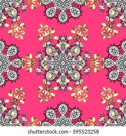 Oriental vector classic pink and white pattern with white doodles. Seamless abstract background.