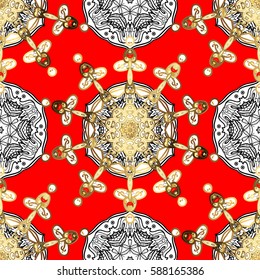 Oriental vector classic red and golden pattern with white doodles. Seamless abstract background.