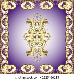 Oriental vector classic violet, neutral and beige and golden pattern with white doodles. Seamless abstract background.