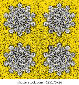 Oriental vector classic yellow and white and white pattern with doodles. Abstract background. White isolated elements.