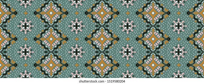 Oriental vector damask pattern. Talavera pottery. Azulejos portugal. Turkish ornament. Spanish porcelain. Ceramic tableware, folk print. Ethnic background. Mediterranean wallpaper.  Talavera pottery.