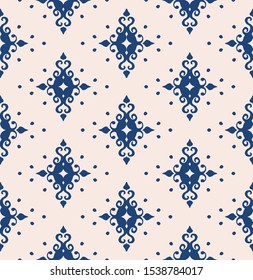 Oriental vector damask pattern. Talavera pottery. Azulejos portugal. Turkish ornament. Spanish porcelain. Ceramic tableware, folk print. Ethnic background. Mediterranean wallpaper.  Talavera pottery.