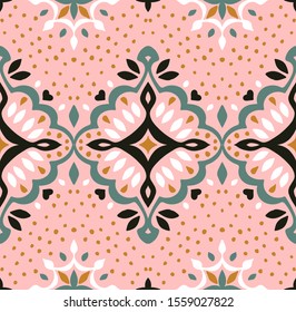 Oriental vector damask pattern. Talavera pottery. Azulejos portugal. Turkish ornament. Spanish porcelain. Ceramic tableware, folk print. Ethnic background. Mediterranean wallpaper.  Talavera pottery.