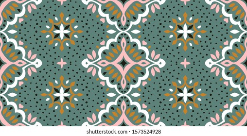Oriental vector damask pattern. Talavera pottery. Azulejos portugal. Turkish ornament. Spanish porcelain. Ceramic tableware, folk print. Ethnic background. Mediterranean wallpaper.  Talavera pottery.