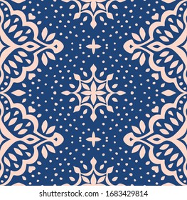 Oriental vector damask pattern. Talavera pottery. Azulejos portugal. Turkish ornament. Spanish porcelain. Ceramic tableware, folk print. Ethnic background. Mediterranean wallpaper.  Talavera pottery.