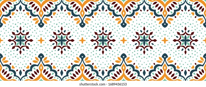 Oriental vector damask pattern. Talavera pottery. Azulejos portugal. Turkish ornament. Spanish porcelain. Ceramic tableware, folk print. Ethnic background. Mediterranean wallpaper.  Talavera pottery.