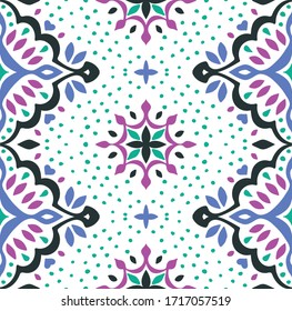 Oriental vector damask pattern. Talavera pottery. Azulejos portugal. Turkish ornament. Spanish porcelain. Ceramic tableware, folk print. Ethnic background. Mediterranean wallpaper.  Talavera pottery.