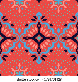 Oriental vector damask pattern. Talavera pottery. Azulejos portugal. Turkish ornament. Spanish porcelain. Ceramic tableware, folk print. Ethnic background. Mediterranean wallpaper.  Talavera pottery.