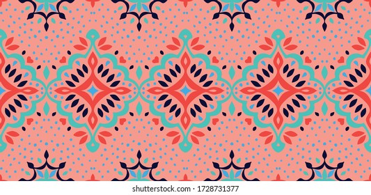 Oriental vector damask pattern. Talavera pottery. Azulejos portugal. Turkish ornament. Spanish porcelain. Ceramic tableware, folk print. Ethnic background. Mediterranean wallpaper.  Talavera pottery.
