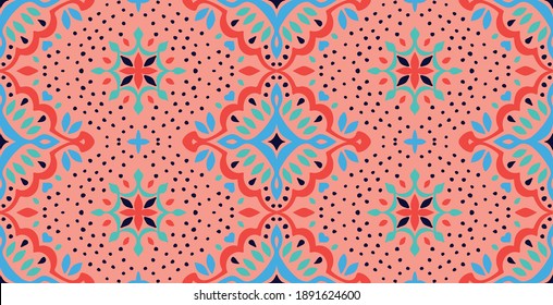 Oriental vector damask pattern. Talavera pottery. Azulejos portugal. Turkish ornament. Spanish porcelain. Ceramic tableware, folk print. Ethnic background. Mediterranean wallpaper.  Talavera pottery.