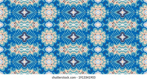 Patrón de damasco vector oriental. Cerámica de Talavera. Azulejos portugal. Ornamento turco. Porcelana española. Vajilla de cerámica, impresión folclórica. Origen étnico. Papel de pared mediterráneo.  Cerámica de Talavera.