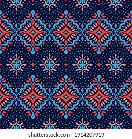 Oriental vector damask pattern. Talavera pottery. Azulejos portugal. Turkish ornament. Spanish porcelain. Ceramic tableware, folk print. Ethnic background. Mediterranean wallpaper.  Talavera pottery.