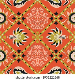 Oriental vector damask pattern. Talavera pottery. Azulejos portugal. Turkish ornament. Spanish porcelain. Ceramic tableware, folk print. Ethnic background. Mediterranean wallpaper.  Talavera pottery.