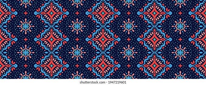 Oriental vector damask pattern. Talavera pottery. Azulejos portugal. Turkish ornament. Spanish porcelain. Ceramic tableware, folk print. Ethnic background. Mediterranean wallpaper.  Talavera pottery.