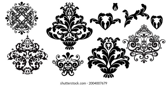 Oriental Vector damask vintage baroque scroll ornament swirl. Victorian monogram heraldic shield swirl.Retro floral leaf pattern border foliage antique  acanthus calligraphy engraved tattoo. Tile deco