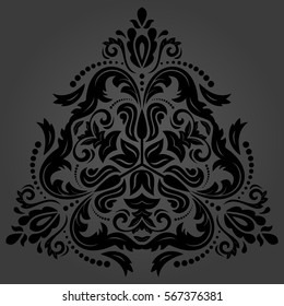 Oriental vector dark triangular pattern with arabesques and floral elements. Traditional classic ornament. Vintage pattern with arabesques