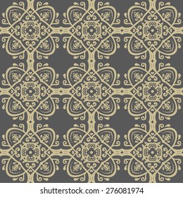 Oriental vector fine ornament with damask, arabesque and floral elements. Seamless abstract background. Grey and golden pattern