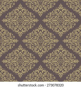 Oriental vector fine pattern with damask, arabesque and floral elements. Seamless abstract background. Brown and golden colors