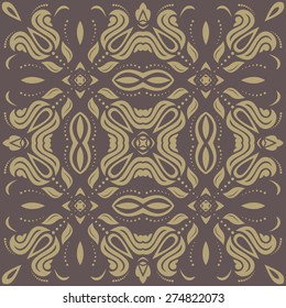 Oriental vector fine pattern with damask, arabesque and floral elements. Seamless abstract background. Brown and golden colors