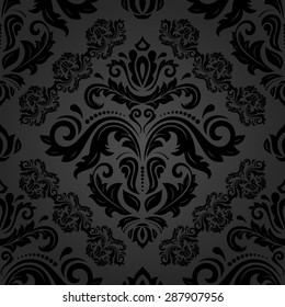 Oriental vector fine texture with black damask and floral elements. Seamless abstract background.