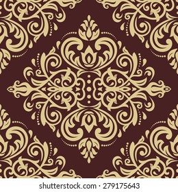 Orientale Vektorillustration feine Textur mit Damast, Arabeske und Blumenelementen. Nahtloser abstrakter Hintergrund. Braune und goldene Farben