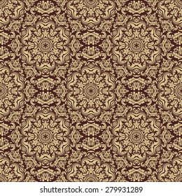 Oriental vector fine texture with damask, arabesque and floral elements. Seamless abstract background. Brown and golden pattern