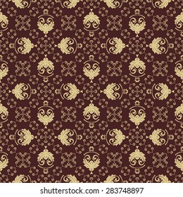 Oriental vector fine texture with damask, arabesque and floral elements. Seamless abstract background. Brown and golden pattern