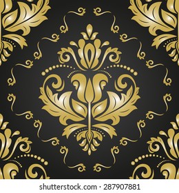 Oriental vector fine texture with damask and floral elements. Seamless abstract golden background
