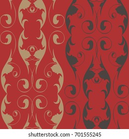 Oriental vector fine texture with damask red background and floral brown elements. Seamless abstract  background