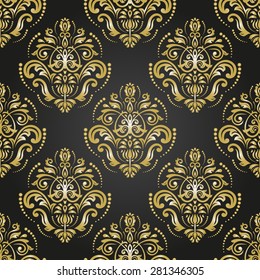 Oriental vector fine texture with golden damask, arabesque and floral elements. Seamless abstract background