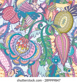 Oriental Vector Floral pattern of flowers and birds in amazing colors. Beautiful seamless pattern. Vector backdrop. Use for wallpaper,pattern fills, web page background.