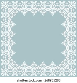 Oriental vector frame with damask, arabesque and floral pattern. Abstract ornament. Blue and white colors
