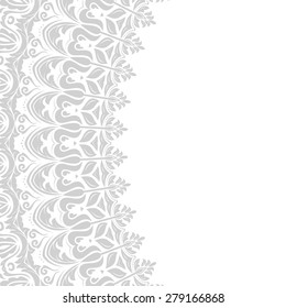 Oriental vector frame with grey damask, arabesque and floral pattern. Fine greeting card. EPS10