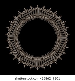 Oriental vector gold round pattern frame plate with arabesques and floral elements. Traditional classic ornament. Decor for round surfaces, ceramic, textile, embroidery gold, sandblasting, porcelain