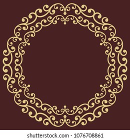 Oriental vector golden round frame with arabesques and floral elements. Floral border with vintage pattern. Greeting card with place for text