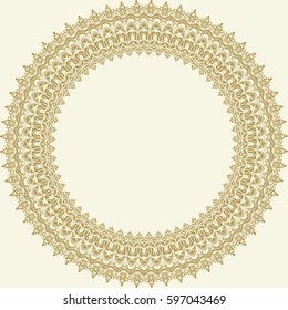 Oriental vector golden round frame with arabesques and floral elements. Floral fine border with vintage pattern. Greeting card with place for text