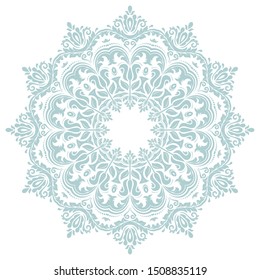 Oriental vector light blue round pattern with arabesques and floral elements. Traditional classic ornament. Vintage pattern with arabesques