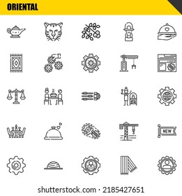 conjunto de iconos orientales de línea vectorial. lámpara mágica, ajustes y equilibrio Iconos. Diseño delgado de línea. Elementos gráficos de contorno modernos, símbolos de trazo simple ilustración de fondo