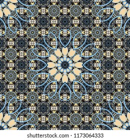Oriental vector ornament in black, beige and blue colors. Colorful ethnic seamless background pattern in the style of ceramic tiles.