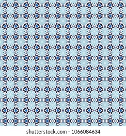 Oriental vector ornament in black, blue and white colors. Colorful ethnic seamless background pattern in the style of ceramic tiles.