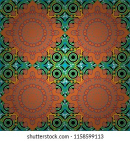 Oriental vector ornament in black, orange and green colors. Colorful ethnic seamless background pattern in the style of ceramic tiles.