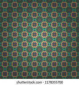 Oriental vector ornament in blue, green and gray colors. Colorful ethnic seamless background pattern in the style of ceramic tiles.