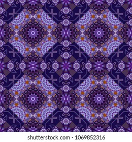 Oriental vector ornament in blue, purple and violet colors. Colorful ethnic seamless background pattern in the style of ceramic tiles.