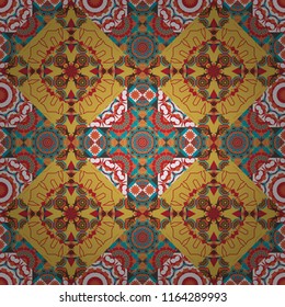 Oriental vector ornament in blue, yellow and red colors. Colorful ethnic seamless background pattern in the style of ceramic tiles.